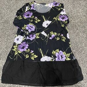 New Slinky Brand Floral Black and Purple Long Sleeve Scoop Next Dress L